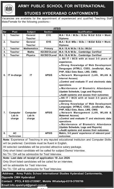 Army Public School Hyderabad Cantt Jobs 2026
