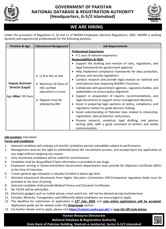 NADRA Legal Job 2026.