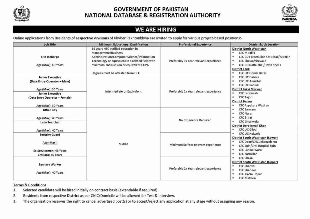 NADRA Jobs 2026 in Khyber Pakhtunkhwa