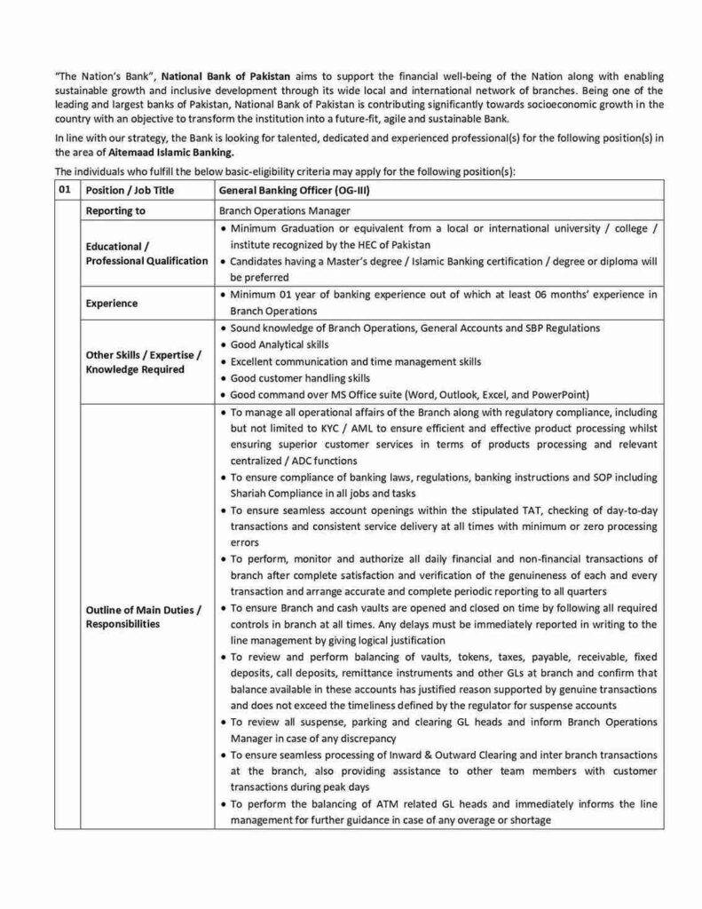 National Bank of Pakistan Jobs 2026