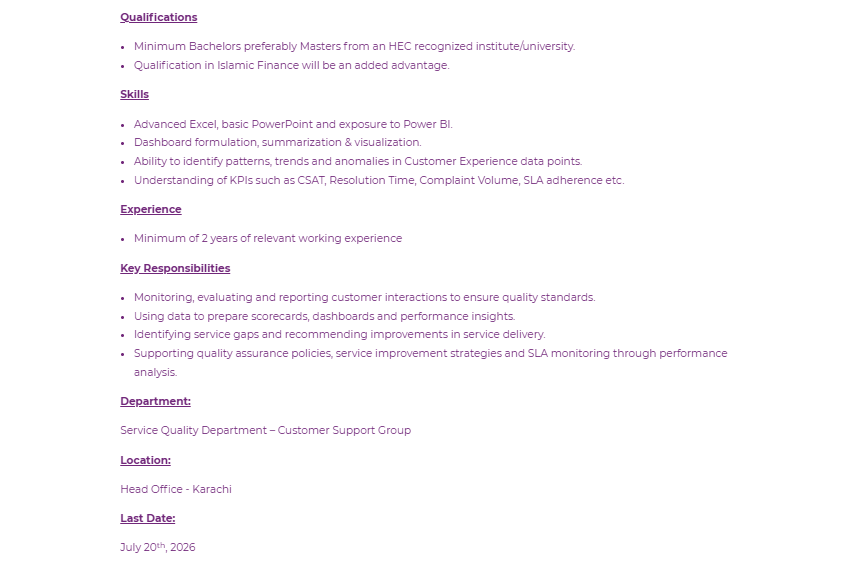 Meezan Bank Service Quality Analyst Job