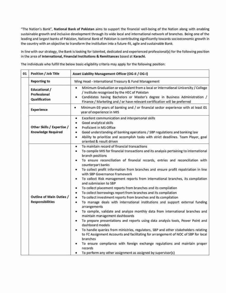 Asset Liability Management Officer NBP Jobs 2026