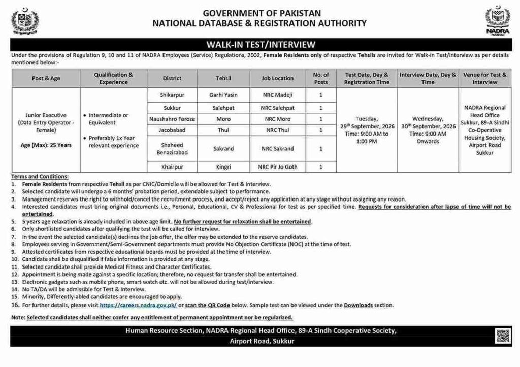 NADRA Sukkur Jobs 2026