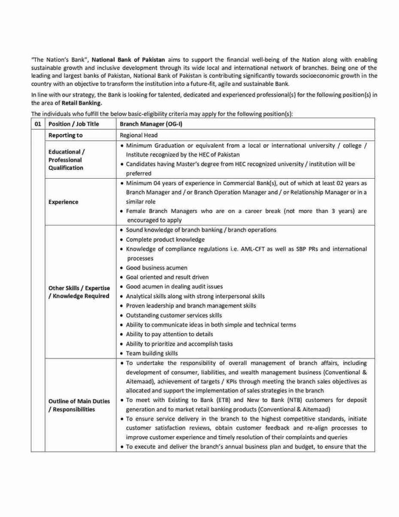  NBP Branch Manager (OG-I) Jobs 2026