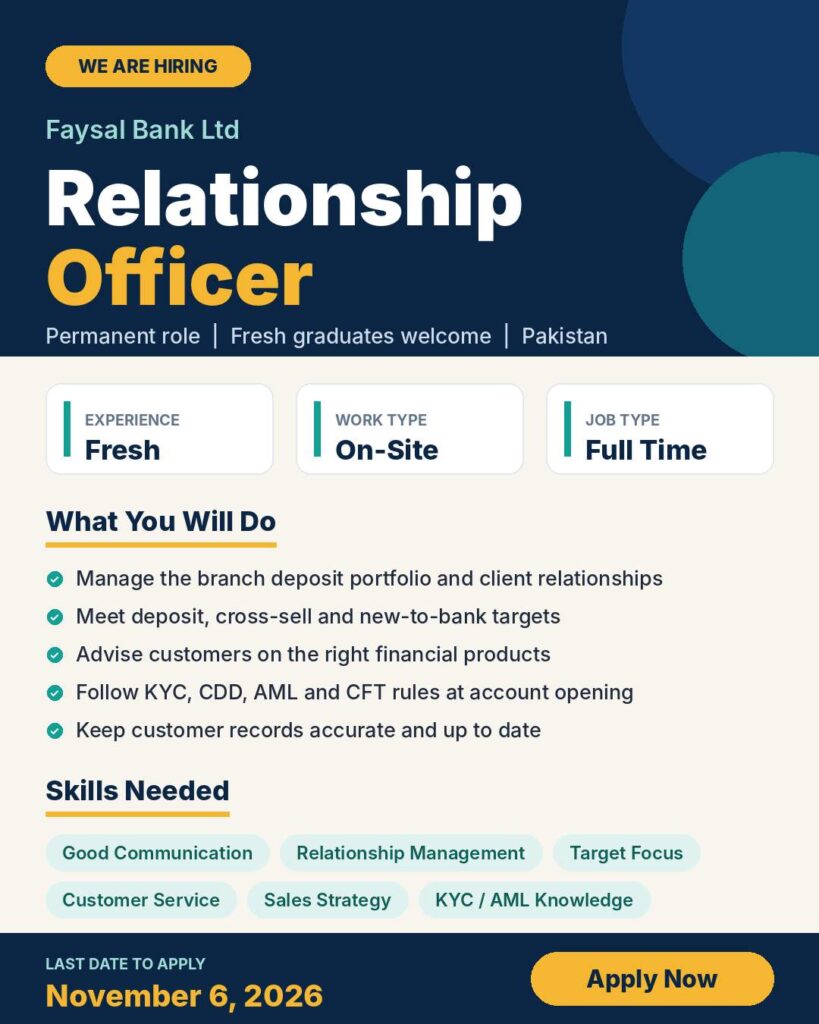 Faysal Bank Relationship Officer Jobs 2026